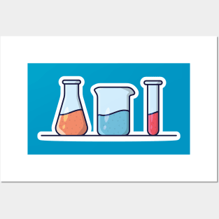 Beaker Glasses Set with Chemical Liquid Sticker vector illustration. Medical laboratory objects icon concept. Equipment for chemical test collection sticker vector design. Posters and Art